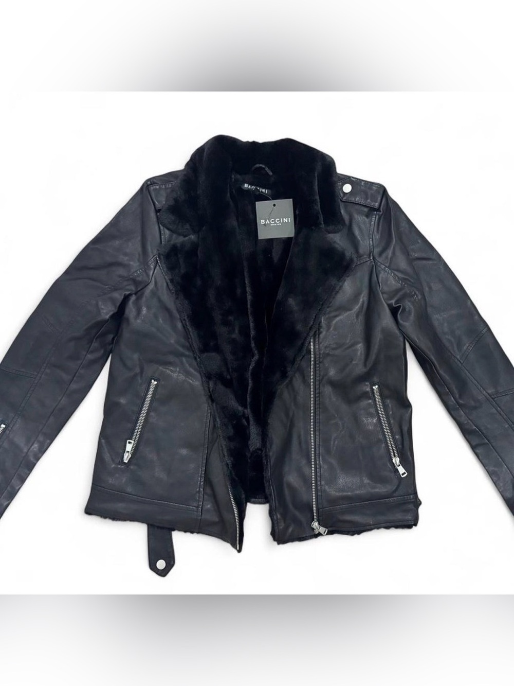 Baccini Black Faux-Fur Trim Leather Jacket